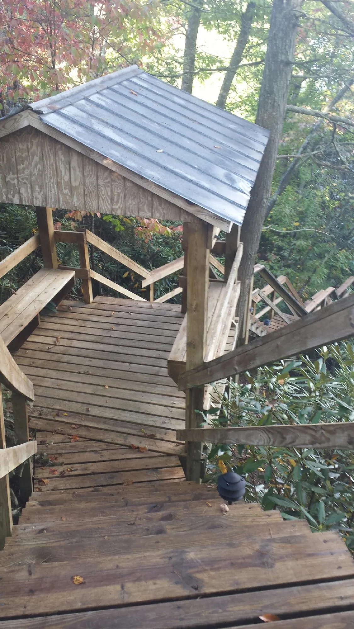 Metal roofed shelter over wooden steps on a wooded walkway — Skylight Repair & Installation work by our crew in Colonia